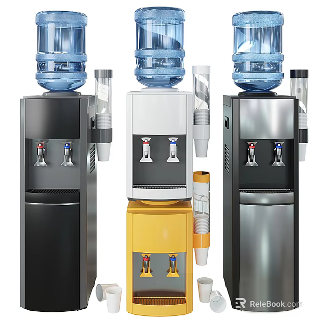 Modern Water Dispensers In Black White Yellow Silver With Blue Bottles And Water Taps 3d model 