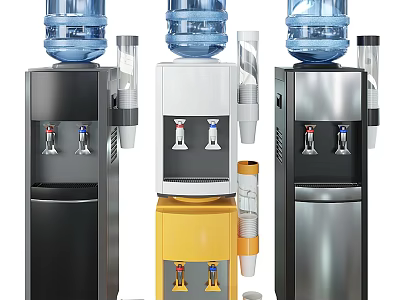 Modern Water Dispensers In Black White Yellow Silver With Blue Bottles And Water Taps 3d model