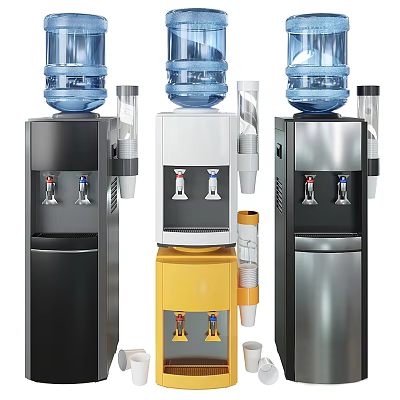 Modern Water Dispensers In Black White Yellow Silver With Blue Bottles And Water Taps 3d model