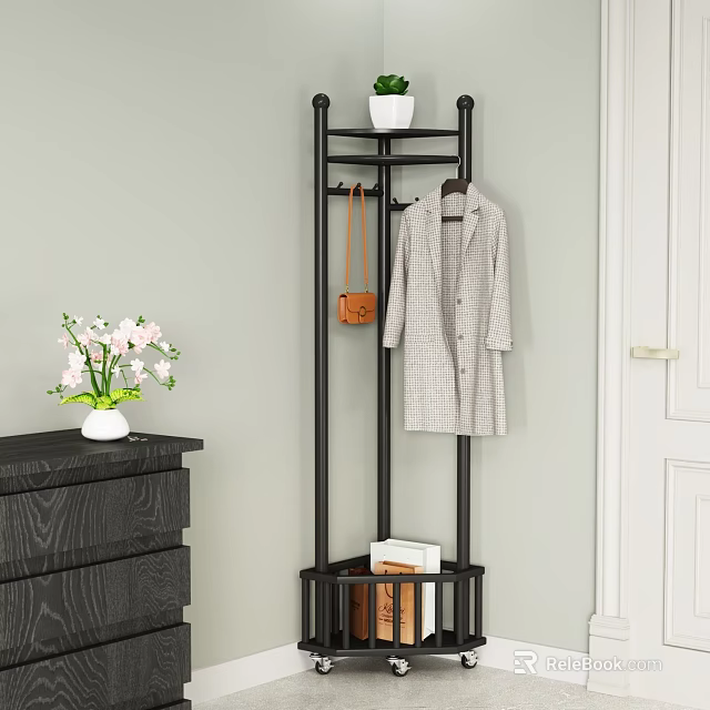 Black Corner Shelf With Coat Rack Hooks And Storage For Hallway Organization 3d model