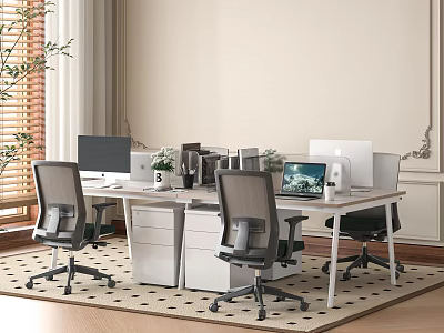 Modern Office Desk Setup with Computer Monitors Office Chairs Supplies and Potted Plant 3d model