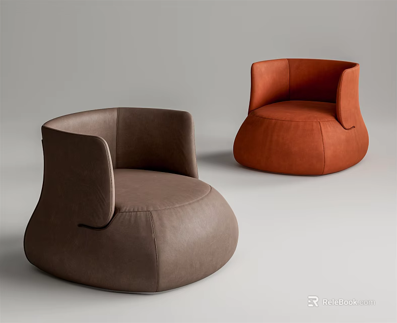 Modern Single Sofa in Brown and Orange Colors with Rounded Shape and Armrests 3d model 