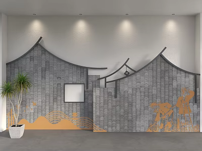 Traditional Tile Background Wall With Wavy Pattern Orange Decorative Motifs Interior Design Potted Plant 3d model