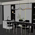 Modern Restaurant Interior With Marble Dining Table Black Chairs Wine Cabinet And Pendant Light