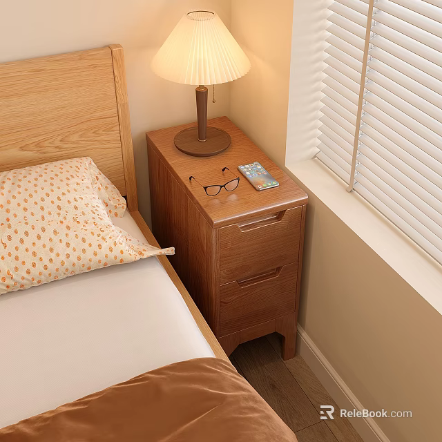 Wooden Bedside Table With Drawers Lamp Glasses And Phone Next To Bed And Window Blinds 3d model 