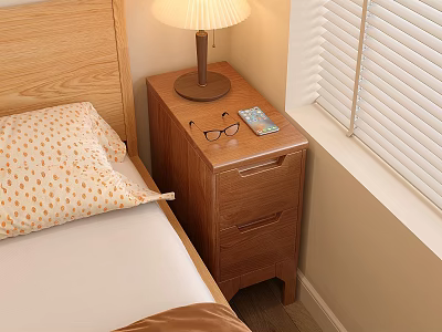 Wooden Bedside Table With Drawers Lamp Glasses And Phone Next To Bed And Window Blinds 3d model