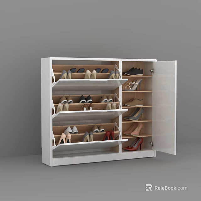 Modern White Shoe Cabinet With Open Doors And Multiple Shelves Holding Various Shoes 3d model 