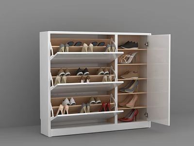 Modern White Shoe Cabinet With Open Doors And Multiple Shelves Holding Various Shoes 3d model