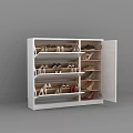 Modern White Shoe Cabinet With Open Doors And Multiple Shelves Holding Various Shoes