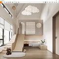 Bright Kids Room Interior With Slide Loft Bed Cloud Chandeliers And Wooden Flooring
