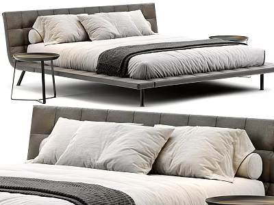Modern Double Bed with Upholstered Headboard White Pillows and Side Nightstand 3d model