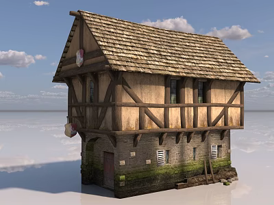 Traditional European Style Building with Half Timbered Walls Tile Roof Stone Base and Ancient Windows 3d model