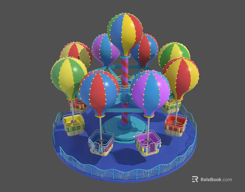 Colorful Rotating Amusement Ride With Hot Air Balloon Shaped Cabins And Blue Base 3d model 