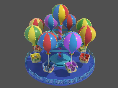 Colorful Rotating Amusement Ride With Hot Air Balloon Shaped Cabins And Blue Base 3d model