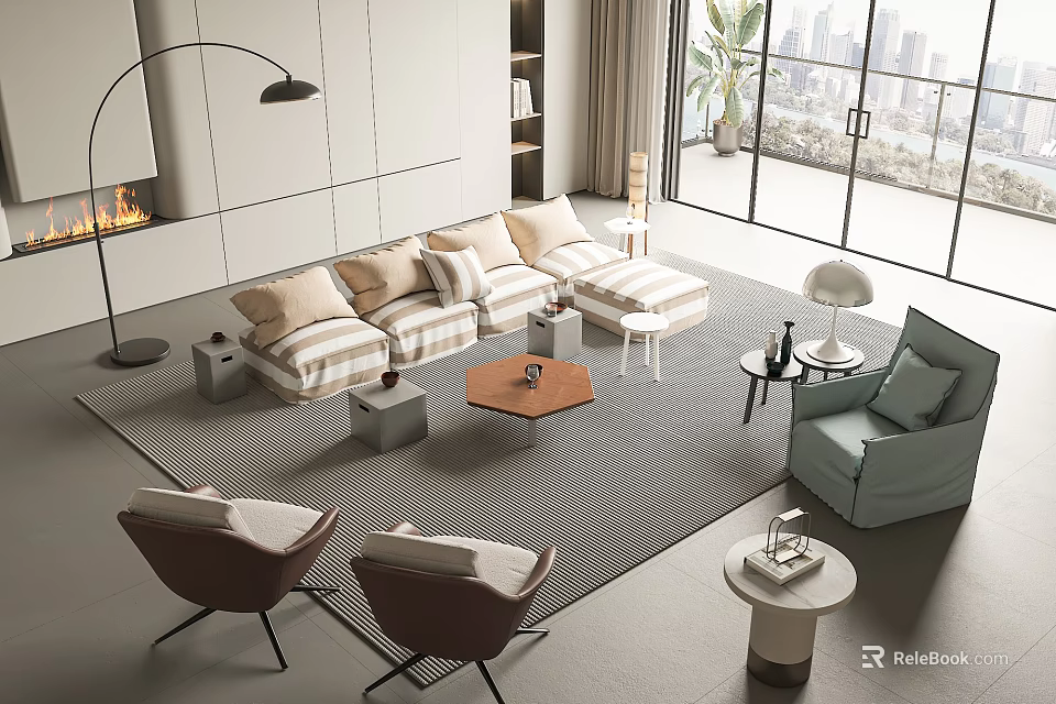 Stylish Modern Living Room With Sofa Coffee Table Set Arc Lamp Fireplace And City View 3d model 