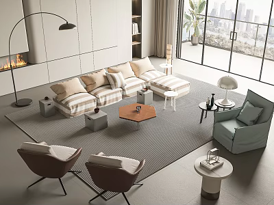 Stylish Modern Living Room With Sofa Coffee Table Set Arc Lamp Fireplace And City View 3d model