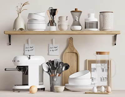 Stylish Kitchenware Display on Wooden Shelf with White Bowls Plates Coffee Machine and Utensils 3d model