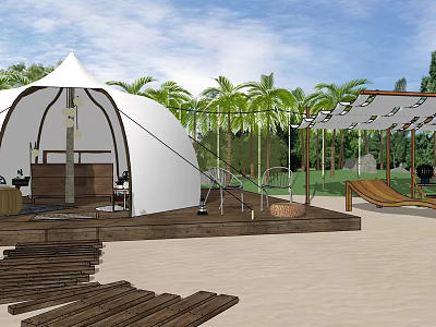 Scenic Tropical Landscape With White Tent Wooden Deck Palm Trees And Sandy Beach 3d model