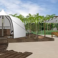 Scenic Tropical Landscape With White Tent Wooden Deck Palm Trees And Sandy Beach
