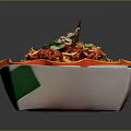 Orange Bowl Of Spicy Rice With White Paper Box Tandoori Tofu And Green Peppers