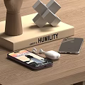 Smartphone With Display Wireless Earbuds And Digital Accessories On Wooden Table