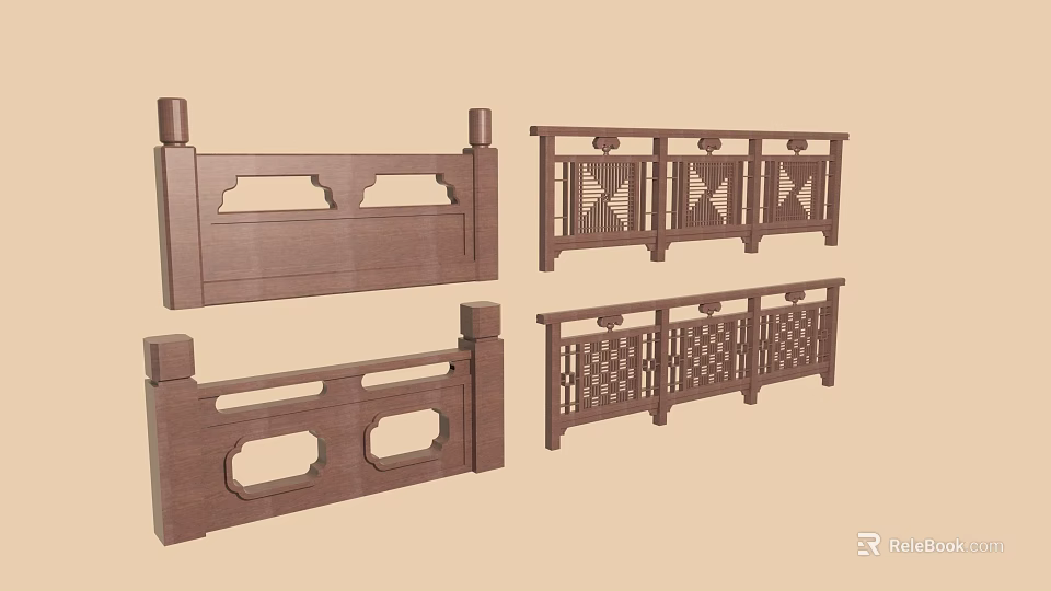 Brown Wooden Railings With Various Hollowed out Designs And Multiple Sections 3d model 