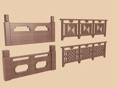 Brown Wooden Railings With Various Hollowed out Designs And Multiple Sections 3d model