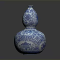 Exquisite Gourd Shaped Ceramic Sculpture Carving With Intricate Blue And White Patterns On Vase