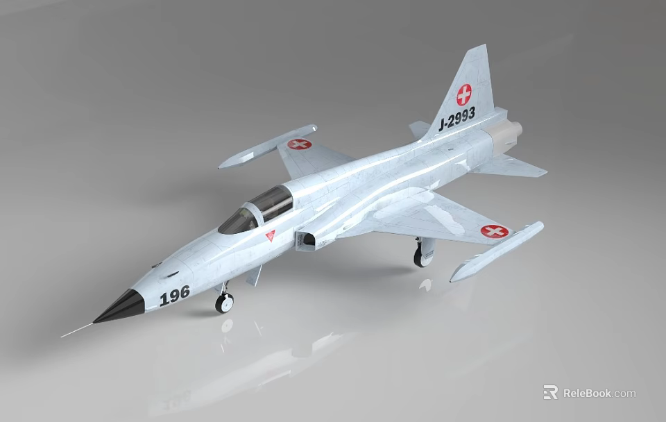 Silver Gray Fighter Jet Model With Red Cross Symbols J-3059 196 Numbers Landing Gear 3d model 