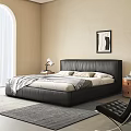 Modern Leather Double Bed With Gray Pillows Blanket Side Table Lamp Books Beige Wall Framed Art