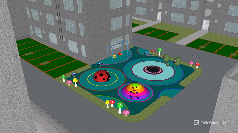 Kids Playground with Colorful Ground Ladybug Design Spinning Discs Mushroom Decor Swings Near High Buildings 3d model 