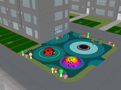 Kids Playground with Colorful Ground Ladybug Design Spinning Discs Mushroom Decor Swings Near High Buildings 3d model