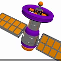 Colorful Space Satellite with Purple Disk Yellow Top and Solar Panels in Orbit Model Design