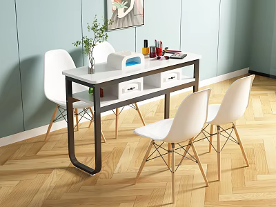 Modern Dressing Table With White Countertop Black Metal Frame And White Chairs On Wooden Floor 3d model