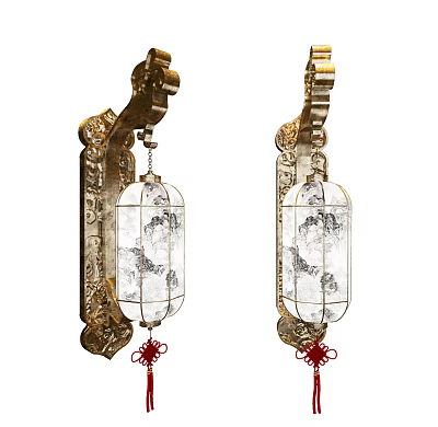Chinese Style Wall Lamps With Golden Carved Frame Transparent Landscape Lampshade And Red Tassels 3d model