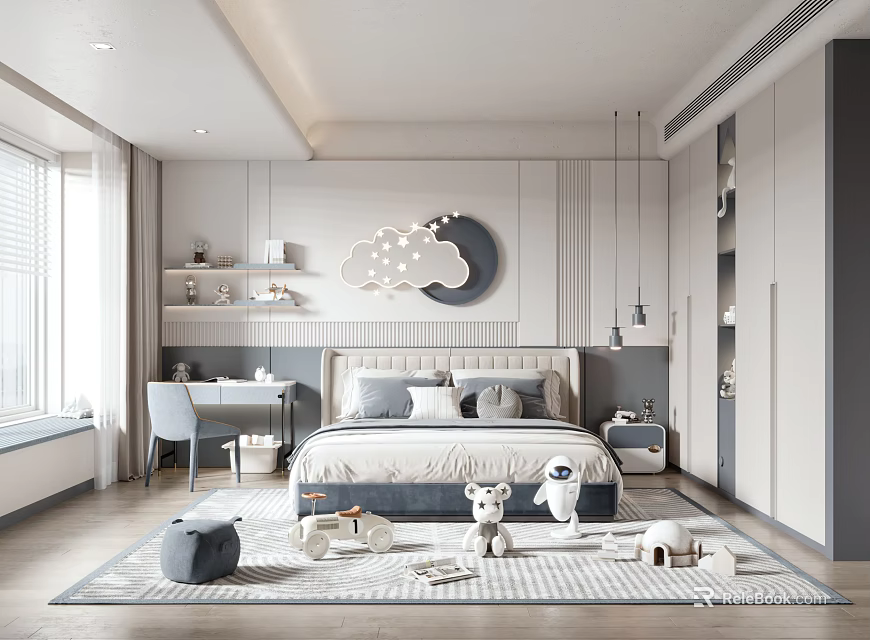 Modern Kids Room Interior Design With Cloud Moon Decor Bed Rug And Toys 3d model 