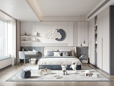 Modern Kids Room Interior Design With Cloud Moon Decor Bed Rug And Toys 3d model