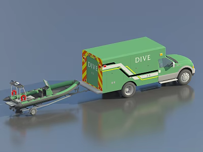 Green DIVE Utility Truck Towing Small Boat On Trailer With Dive Gear 3d model