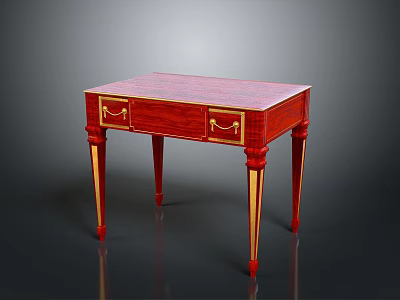 Elegant Red Wooden Desk with Gold Accents and Drawers on Slim Legs 3d model