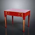 Elegant Red Wooden Desk with Gold Accents and Drawers on Slim Legs