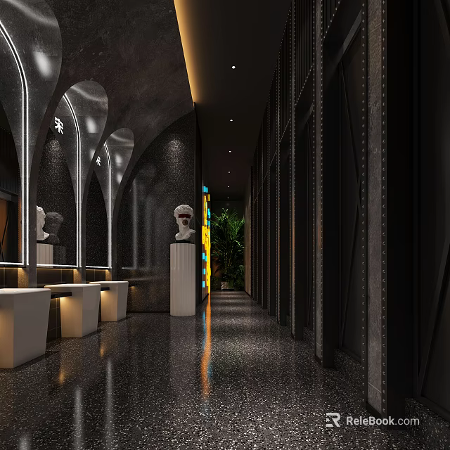 Modern Luxury Public Toilet Interior Featuring Arch Mirrors White Washbasins Black Walls Green Plants Sculptures 3d model 