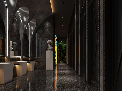 Modern Luxury Public Toilet Interior Featuring Arch Mirrors White Washbasins Black Walls Green Plants Sculptures 3d model
