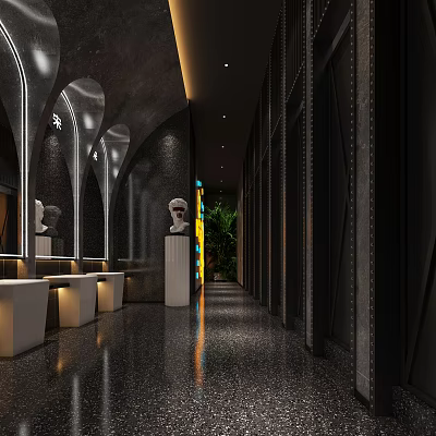 Modern Luxury Public Toilet Interior Featuring Arch Mirrors White Washbasins Black Walls Green Plants Sculptures 3d model