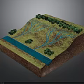 Landform Cross Section Model With Green Vegetation And Blue Water Flow