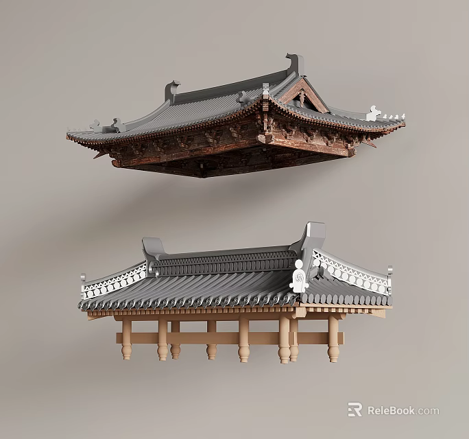 Traditional Architecture Roof Structures With Intricate Wooden Carvings And Tile Details 3d model 