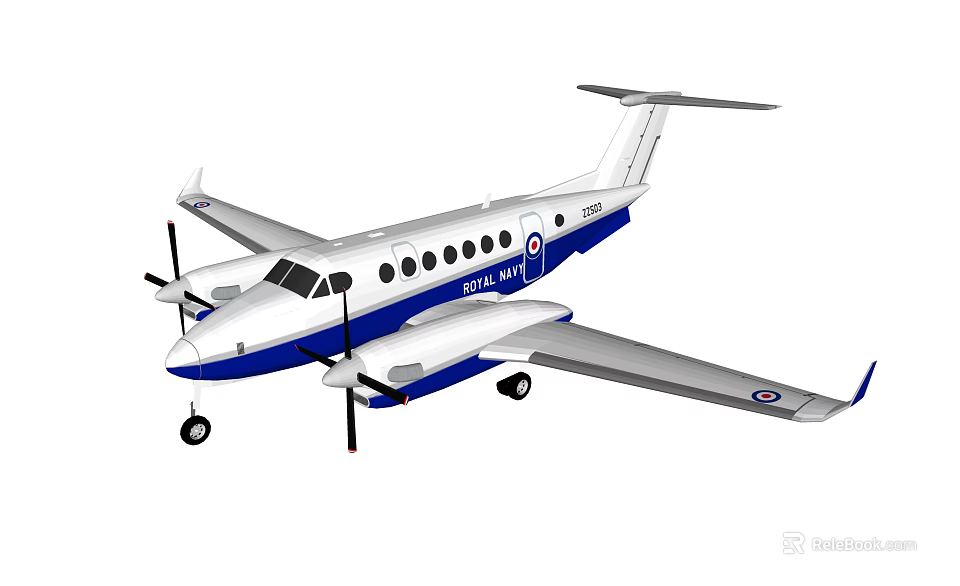 Blue And White Twin Propeller Passenger Plane With Round Windows And Tail Fin 3d model 
