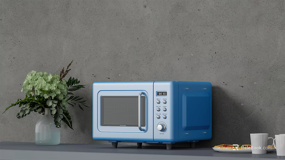 Blue Retro Style Microwave Oven On Kitchen Counter With Green Plants And Food Plate 3d model 