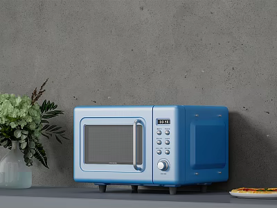 Blue Retro Style Microwave Oven On Kitchen Counter With Green Plants And Food Plate 3d model