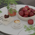Fresh Red Apples in Bowl on Marble Table With Coffee Book Berries and Green Leaves