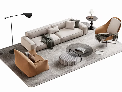 Modern Living Room Setup With Beige Sofa Round Coffee Table Accent Chairs And Ottoman 3d model